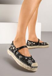 Czarne Espadryle z Siateczki na Plecionej Podeszwie Zdobione Haftem Evelritia. Czarne espadryle damskie Renee, z aplikacjami, z jeansu, eleganckie, bez obcasa, bez zapięcia. Za 74.99 zł.