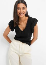 Koszulka z miękkiej, lejącej mieszanki wiskozy. Czarne bluzki damskie bonprix, bez wzorów, z dzianiny, bez kołnierzyka. Za 84.99 zł.