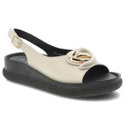 Sandały damskie S.Barski, cholewka ze skóry naturalnej licowej model na płaskiej podeszwie z ozdobną broszką, beżowe, KV61-6047. Brązowe klapki damskie S.BARSKI, bez wzorów, ze skóry, bez obcasa, na płaskiej podeszwie. Za 179.00 zł.