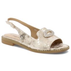 Sandały damskie S.Barski, cholewka ze skóry ekologicznej na płaskiej podeszwie, złote, KV61-6040. Żółte klapki damskie S.BARSKI, bez wzorów, ze skóry ekologicznej, bez obcasa, na płaskiej podeszwie, bez zapięcia. Za 129.00 zł.