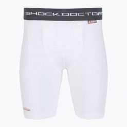Spodenki kompresyjne z ochraniaczem krocza Shock Doctor Compression. Białe krótkie spodenki sportowe męskie SHOCK DOCTOR, bez wzorów. Za 139.99 zł.