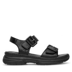 Sandały Rieker. Czarne sandały damskie Rieker, bez wzorów, bez obcasa, na płaskiej podeszwie, bez zapięcia. Za 259.99 zł.