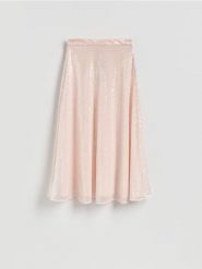 Spódnica midi z cekinami - różowy. Czerwone spódnice damskie Reserved, l, bez wzorów, z dzianiny, midi, rozkloszowane. Za 199.99 zł.