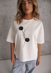 Biały Wiskozowy T-shirt Ozdobiony Kwiatami i Perełkami Muvine. Białe bluzki damskie Renee, l, z aplikacjami, z jeansu, street, bez kołnierzyka. Za 79.99 zł.