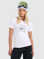 4F T-shirt regular z nadrukiem damski - biały L. Białe t-shirty damskie 4f, l, bez wzorów, z bawełny, bez kołnierzyka. Za 59.99 zł.