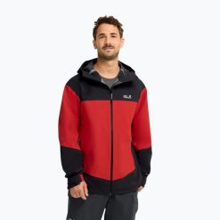 Kurtka przeciwdeszczowa męska Jack Wolfskin Rockpaw 3L. Czerwone kurtki męskie Jack Wolfskin, l, bez wzorów, z materiału, bez kaptura. Za 1,110.10 zł.