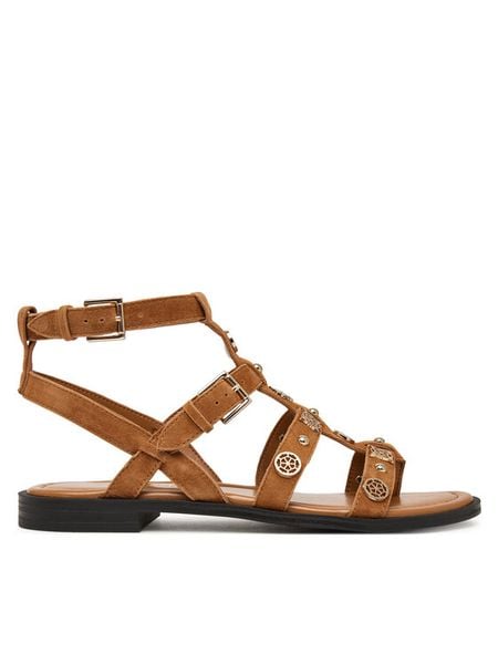 Guess Sandały FLJY2Z SUE03 Brązowy. Brązowe sandały damskie Guess, z aplikacjami, ze skóry, bez obcasa, na płaskiej podeszwie, bez zapięcia. Za 549.99 zł.
