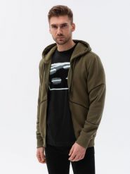 Bluza męska rozpinana z kapturem - ciemnooliwkowa V4. Zielone bluzy męskie Ombre Clothing, m, bez wzorów, z bawełny, z kapturem. W wyprzedaży za 89.99 zł.