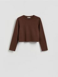Gładka bluza z wiskozą - ciemnobrązowy. Brązowe bluzy damskie Reserved, l, bez wzorów, z dzianiny, bez kaptura. W wyprzedaży za 49.99 zł.