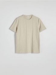 Strukturalny t-shirt regular - beżowy. Brązowe t-shirty męskie Reserved, l, bez wzorów, z bawełny, bez kołnierzyka. W wyprzedaży za 39.99 zł.