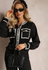 Czarna Koszula z Kontrastowymi Lamówkami i Broszką z Kokardą Deromina. Czarne bluzki damskie Renee, m, bez wzorów, bez kołnierzyka, bez ramiączek. Za 119.99 zł.