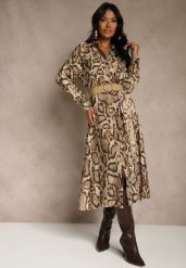 Brązowa Koszulowa Sukienka Snake Print z Wiskozą i Paskiem Bririn. Brązowe sukienki damskie Renee, na co dzień, l, z aplikacjami, ze skóry, bez kołnierzyka, bez ramiączek, midi, koszulowe. Za 139.99 zł.