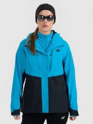 4F Kurtka trekkingowa membrana 10000 damska - niebieska S. Niebieskie kurtki damskie 4f, na zimę, m, bez wzorów, z materiału, bez kaptura. Za 399.99 zł.