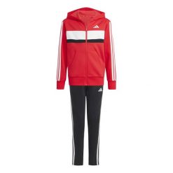 Dres adidas czerwony junior - komplet z polaru, 3 paski. Czarne paski damskie Adidas, bez wzorów, z dresówki. Za 296.75 zł.