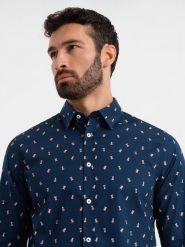 Bawełniana koszula męska we wzory SLIM FIT - atramentowa V3 - Rozmiar: L. Niebieskie koszule męskie Ombre Clothing, l, bez wzorów, z bawełny, klasyczne, bez kołnierzyka, bez ramiączek. W wyprzedaży za 79.99 zł.