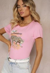 Różowy Bawełniany T-shirt ze Zwierzęcym Nadrukiem Zeliflea. Czerwone bluzki damskie Renee, l, bez wzorów, z bawełny, eleganckie, bez kołnierzyka. Za 29.99 zł.
