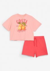 Komplet z bawełny organicznej: T-shirt i krótkie spodenki (2 części). Czerwone t-shirty i topy dla dziewczynek bonprix, bez wzorów, z bawełny, bez ramiączek. Za 64.99 zł.