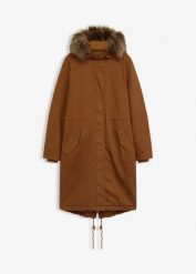 Długa, ocieplana parka. Brązowe parki damskie bonprix, bez wzorów, bez kaptura. Za 319.99 zł.