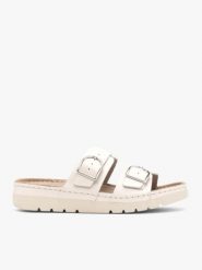 Kremowe klapki z dwoma paskami. Brązowe klapki damskie Ryłko, bez wzorów, ze skóry, eleganckie, bez obcasa, na płaskiej podeszwie. Za 399.99 zł.