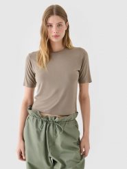 4F T-shirt slim gładki damski - brązowy M. Brązowe koszulki sportowe damskie 4f, m, bez wzorów, z dzianiny, bez kołnierzyka, bez ramiączek. Za 59.99 zł.