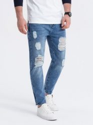 Męskie spodnie jeansowe taper fit z dziurami - niebieskie V3 - Rozmiar: XXL. Niebieskie spodnie materiałowe męskie Ombre Clothing, m, bez wzorów, z bawełny, eleganckie. W wyprzedaży za 39.99 zł.
