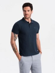 Jednokolorowa koszulka męska polo BASIC z dzianiny pique - granatowa V2 OM-POBS-0100 3XL. Koszulki polo męskie Ombre, m, bez wzorów, z dzianiny, bez ramiączek. Za 151.28 zł.