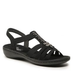 Sandały Rieker. Czarne sandały damskie Rieker, bez wzorów, bez obcasa, na płaskiej podeszwie, bez zapięcia. Za 269.99 zł.