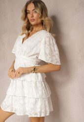 Biała Sukienka o Rozkloszowanym Kroju z Dekoltem w Serek i Falbankami Drapia. Białe sukienki damskie Renee, na imprezę, l, bez wzorów, eleganckie, bez kołnierzyka, bez ramiączek, mini, rozkloszowane. Za 109.99 zł.