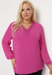Różowa Bluzka z Długim Rękawem Ozdobiona Koronką i Koralikami Virlea. Czerwone bluzki damskie Born2be, xl, bez wzorów, z koronki, eleganckie, bez kołnierzyka, bez ramiączek. Za 69.99 zł.