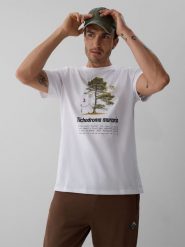 4F T-shirt regular z nadrukiem męski - biały XL. Białe koszulki sportowe męskie 4f, l, bez wzorów, z bawełny, bez kołnierzyka, bez ramiączek, trekkingowe. Za 79.99 zł.