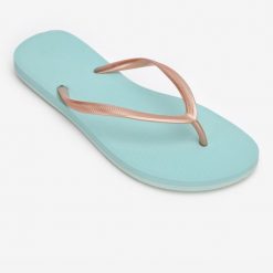 Japonki damskie Olaian 500 Gold Blue. Brązowe klapki damskie OLAIAN, bez wzorów, sportowe, bez obcasa. Za 54.99 zł.