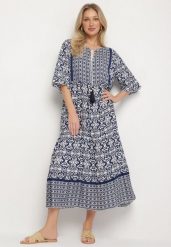 Granatowa Bawełniana Sukienka w Stylu Boho z Wiązaniem Przy Dekolcie Orradelle. Niebieskie sukienki damskie Born2be, na co dzień, na lato, l, bez wzorów, z bawełny, boho, bez kołnierzyka, bez ramiączek, proste. Za 69.99 zł.