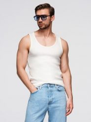Męska bawełniana koszulka basic na ramiączkach – biała V1 - Rozmiar: S. Białe t-shirty męskie Ombre Clothing, na lato, m, bez wzorów, z bawełny, bez kołnierzyka. W wyprzedaży za 19.99 zł.