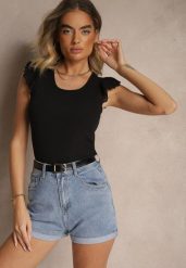 Czarny Top z Ozdobnymi Falbanami Zamiast Rękawów Quinell. Czarne koszule damskie Renee, l, bez wzorów, biznesowe, bez kołnierzyka, bez ramiączek. Za 29.99 zł.
