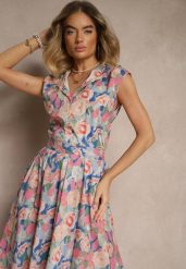 Różowo-Niebieska Koszula z Bawełny w Kwiaty Natilea. Czerwone bluzki damskie Renee, l, bez wzorów, z bawełny, eleganckie, bez kołnierzyka, bez ramiączek. Za 69.99 zł.