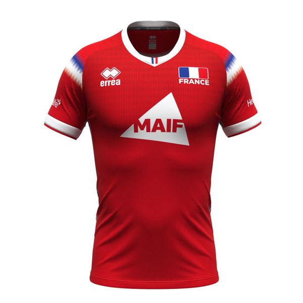 Koszulka libero France 2024/25. Białe koszulki sportowe męskie ERREA, bez wzorów, bez kołnierzyka, bez ramiączek, do siatkówki. W wyprzedaży za 259.00 zł.