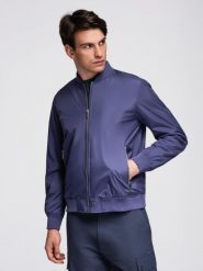 Lekka bomberka męska ze ściągaczami – granatowa V4. Niebieskie kurtki męskie Ombre Clothing, na jesień, m, bez wzorów, eleganckie, bez kaptura. Za 239.99 zł.