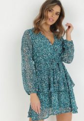 Niebieska Sukienka Lalessa. Niebieskie sukienki damskie Born2be, l, z aplikacjami, z materiału, bez kołnierzyka, bez ramiączek, mini, kopertowe. Za 109.99 zł.