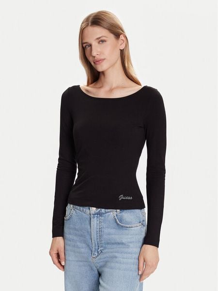 Guess Bluzka W5BP46 KCYV2 Czarny Slim Fit. Czarne bluzki damskie Guess, xxl, z aplikacjami, z wiskozy, bez kołnierzyka, bez ramiączek. Za 179.99 zł.