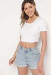 Biały Prążkowany T-shirt z Bawełną Adlesa. Białe bluzki damskie Born2be, l, bez wzorów, z bawełny, bez kołnierzyka. Za 39.99 zł.