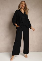 Czarny Komplet z Wiskozy w Stylu Oversize Szerokie Spodnie i Luźna Koszula na Guziki Natinne. Czarne koszule damskie Renee, na wiosnę, bez wzorów, z wiskozy, biznesowe, bez kołnierzyka, bez ramiączek. Za 129.99 zł.