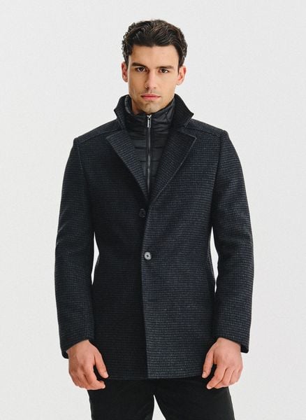 PAKO LORENTE - Ciemnoszary płaszcz w pepitkę. Płaszcze męskie Pako Lorente, na jesień, bez wzorów, z poliesteru, bez kaptura. Za 999.99 zł.