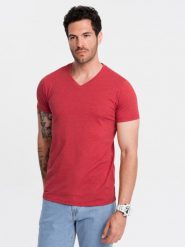 Klasyczna męska bawełniana koszulka z dekoltem w serek BASIC – czerwony melanż V17 OM-TSBS-0145 - XXL. Czerwone t-shirty męskie Ombre Clothing, l, bez wzorów, z bawełny, klasyczne, bez kołnierzyka. W wyprzedaży za 24.99 zł.