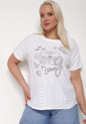 Biały Ażurowy T-shirt z Bawełną Ozdobiony Cyrkoniami Deviana. Białe bluzki damskie Born2be, l, w ażurowe wzory, z bawełny, bez kołnierzyka. Za 34.99 zł.
