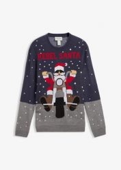 Sweter z bożonarodzeniowym motywem. Niebieskie swetry przez głowę męskie bonprix, m, z aplikacjami, bez kołnierzyka. Za 129.99 zł.