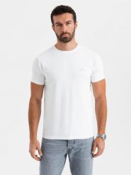 Męski t-shirt SLIM FIT z elastanem i printem – biały V2 - Rozmiar: XXL. Białe t-shirty męskie Ombre Clothing, m, bez wzorów, z bawełny, bez kołnierzyka. W wyprzedaży za 29.99 zł.