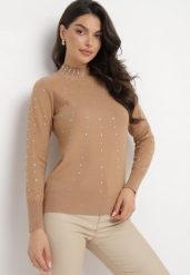 Ciemnobeżowy Sweter z Golfem Ozdobiony Kompozycją z Cyrkonii Ruittes. Brązowe swetry damskie Born2be, s, z aplikacjami, bez kołnierzyka, bez ramiączek, bez kaptura. Za 54.99 zł.