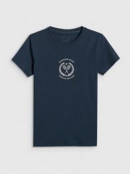 4F T-shirt slim z nadrukiem damski - granatowy XL. Niebieskie t-shirty damskie 4f, uniwersalny, bez wzorów, z bawełny, bez kołnierzyka. Za 59.99 zł.