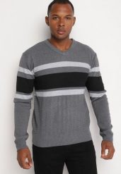 Ciemnoszary Sweter z Wełną Ozdobiony Paskami Zanettie. Szare swetry przez głowę męskie Born2be, l, bez wzorów, z wełny, bez kołnierzyka. Za 44.99 zł.