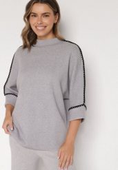 Szary Sweter z Kontrastową Lamówką Tuselle. Szare swetry damskie Born2be, bez wzorów, z jeansu, biznesowe, bez kołnierzyka, bez ramiączek, bez kaptura. Za 109.99 zł.